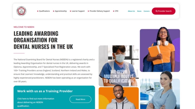 Screenshot of the NEBDN homepage, showing navigation menu, heading 'Leading Awarding Organisation for Dental Nurses in the UK', introductory text about NEBDN, a 'Work with us as a Training Provider' call-to-action, and photos of dental nursing students and professionals.